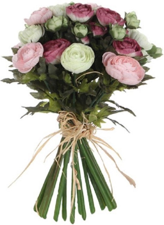Mica Decorations Boeket - kunstbloemen - roze/wit - Ranunculus/ranonkel kunstbloemen - 35 cm - Bruidsboeketten