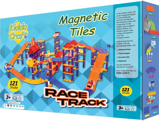 Kiddo Craft Magnetic Tiles Racebaan - 121 Stuks - Magnetisch Montessori Speelgoed - 3 tot 12 Jaar - Magnetische Tegels - Bouwstenen - Educatief