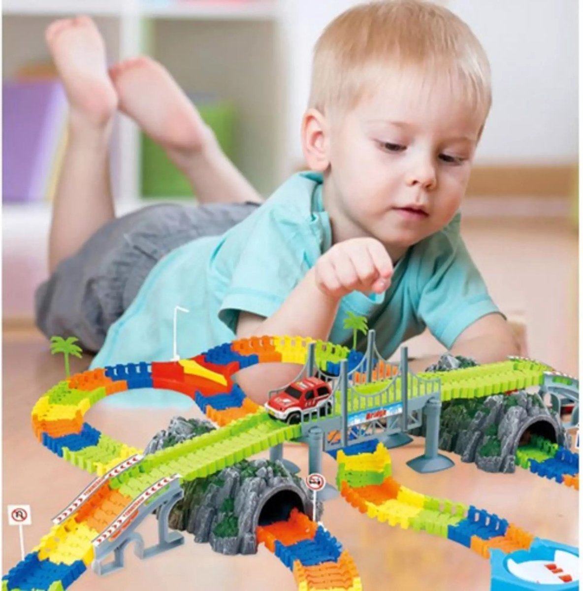 RollAndRace Flexibele Opvouwbare Racetrack 400 cm - Gemaakt in Europa - Stunt & Snelheidd - Circuit van Rubber – Rollende Autosporen - Kinder Speelgoed Geschenk 2-8 jr