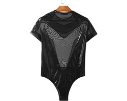 Heren Bodysuit - Zwart Transparant - Leather Look - Mannenlingerie - Erotische herenkleding - Lingerie voor Mannen
