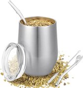 Bol.com Matte-beker 340 ml dubbelwandig geïsoleerd roestvrij staal - mat rietje en reinigingsborstel - Yerba Mate beker (zilver)... aanbieding