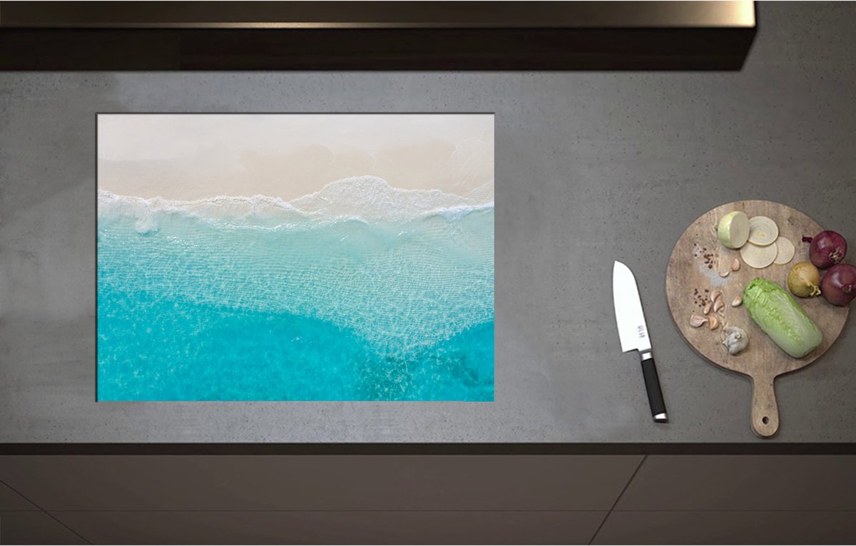 Inductieplaat Beschermer - Bovenaanzicht van Helderblauwe Oceaan met Golven - 70x51 cm - 2 mm Dik - Inductie Beschermer - Bescherming Inductiekookplaat - Kookplaat Beschermer van Wit Vinyl