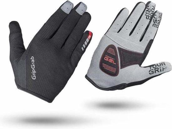 Paar fietshandschoenen, één lichtgrijs met rode "doctor GEL" padding, de ander zwart met grijze "GripGrab" logo.