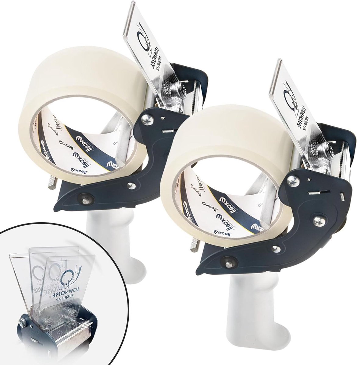 Geluidsarm tapepistool met intrekbaar mes en gratis rol transparante tape - verpakkingstapedispenser voor verzending, verhuizing, kantoor en magazijn - set van 2