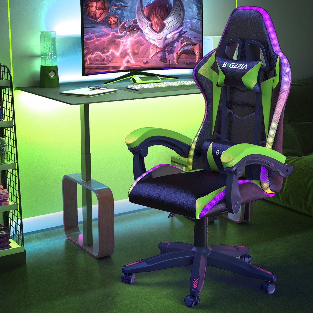 Gaming stoel met LED lichteffecten - Ergonomische Bureaustoel - Verstelbare rugleuning - LED Gaming stoel met lendensteun en hoofdsteun - Zwart en Groen – foto 5