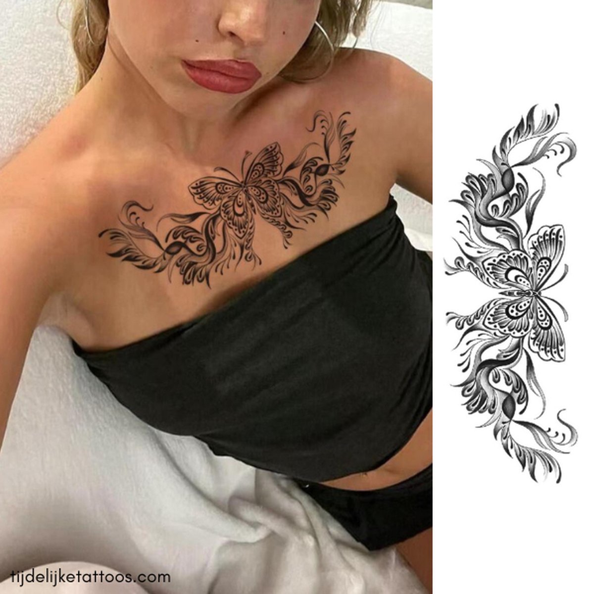 Rug tattoo vrouw - Sierlijke vlinder tatoeage voor je onderrug - onderbuik of op je borst - tijdelijke tattoo – neptattoo volwassenen - plak tattoo- temporary tattoo