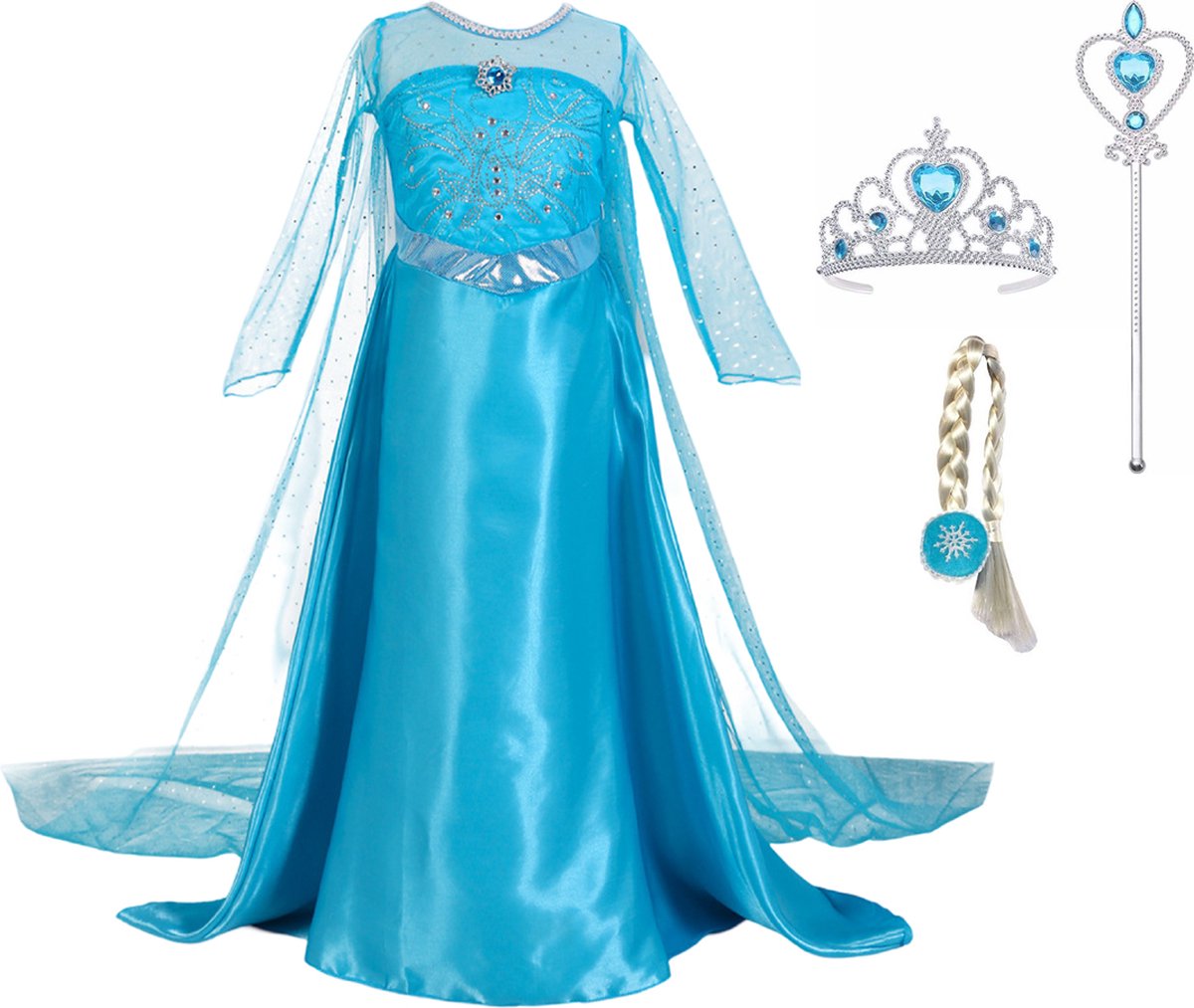 Prinsessenjurk meisje - Elsa jurk verkleedkleren meisje - maat 122/128 - inclusief prinsessen accessoireset met Elsa vlecht