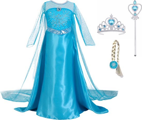 Prinsessenjurk meisje - Elsa jurk verkleedkleren meisje - maat 122/128 - inclusief prinsessen accessoireset met Elsa vlecht