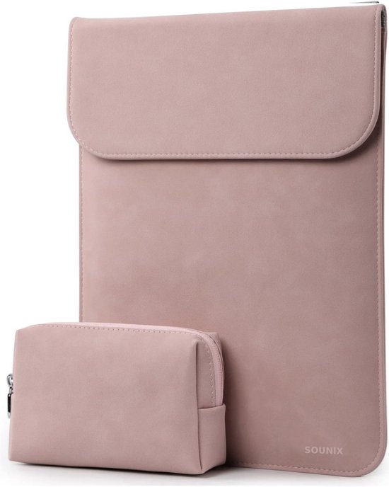 Sounix Laptophoes 13 inch - 2-Delig - PU Leren Laptophoes - Dunne Laptopsleeve - Laptophoes/ Sleeve - Roze
