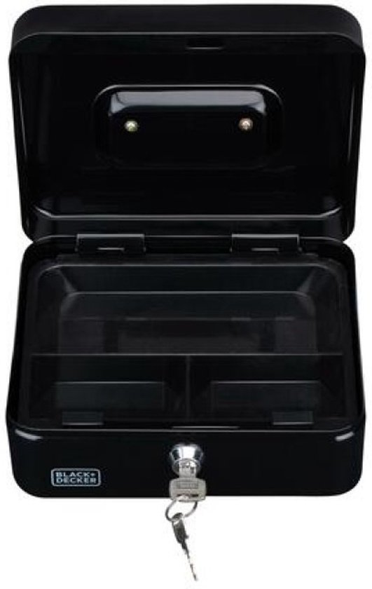 BLACK+DECKER Cash Box avec clé - Tiroir amovible avec 3 compartiments - Incl. 2 Clés - 20 x 16 x 8,5 CM - Métal - Zwart