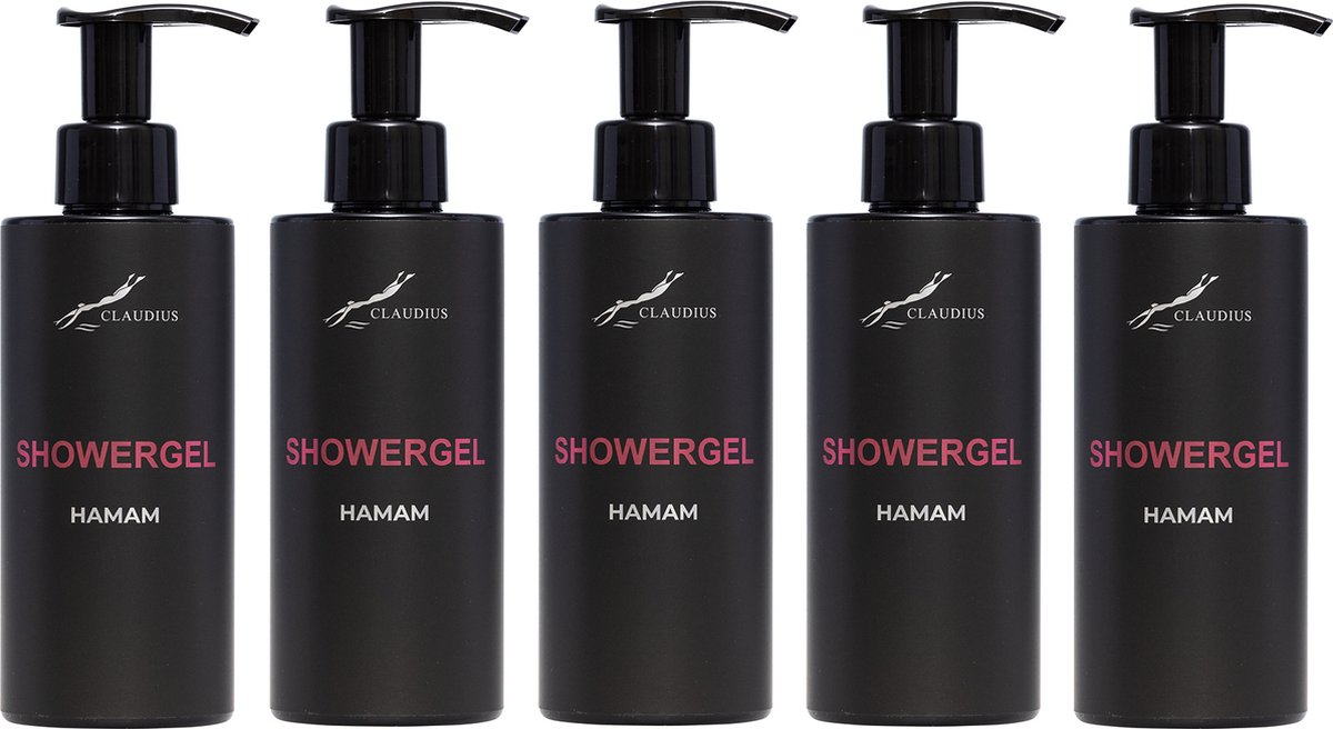 Goedkoopste Showergel Hamam 300 ml - met pomp - zwarte fles - set van 5 stuks - Douchegel - Voordeelverpakking
