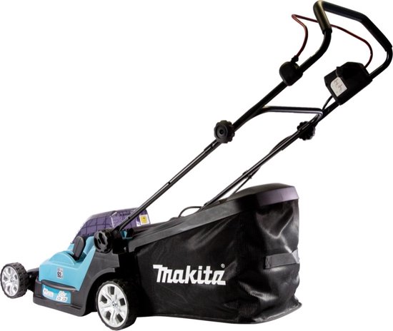 Turquoise grasmaaier met zwarte handgrepen, wielen en opvangzak met Makita logo.