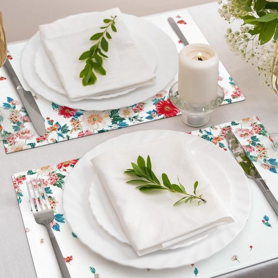 6-delige linnen placemats set roze botanische bloemen boerderij