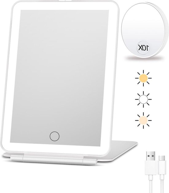 Auxmir Make-upspiegel met verlichting, 1 x 20 x oplaadbare make-upspiegel, 3200 mAh scheerspiegel, wandmontage, dimbare vergrotingsspiegel met 3 lichtkleuren, 360 graden draaibaar, voor badkamer en