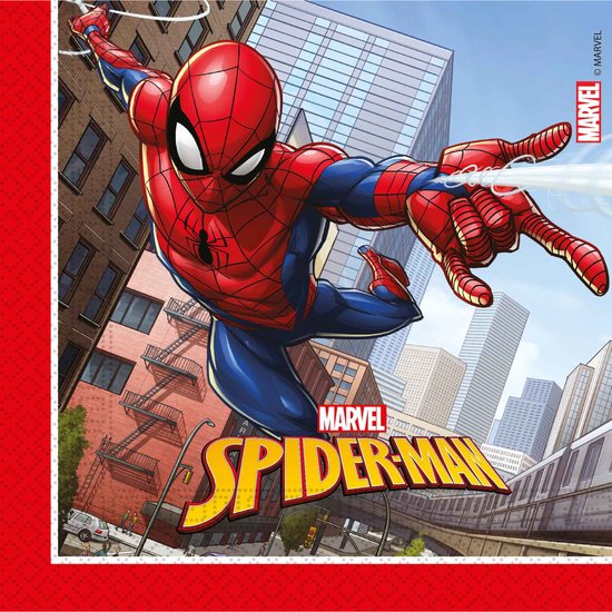 Spiderman, Marvel, in rode en blauwe outfit, spuit webben terwijl hij tussen gebouwen springt. Rood met witte stippen rand.