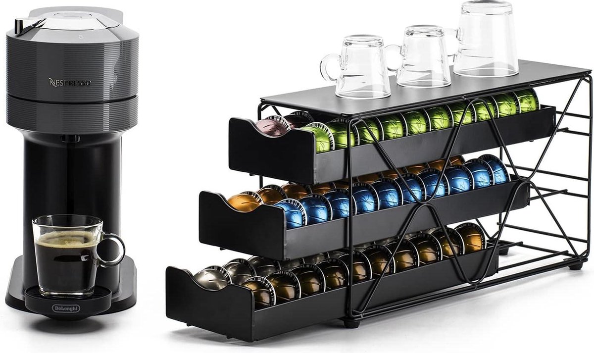 Support Rangement Dosettes Nespresso Vertuo Flagship - Grande Capacité (jusqu'à 80 Capsules), Design Moderne Avec Poignée Bois
