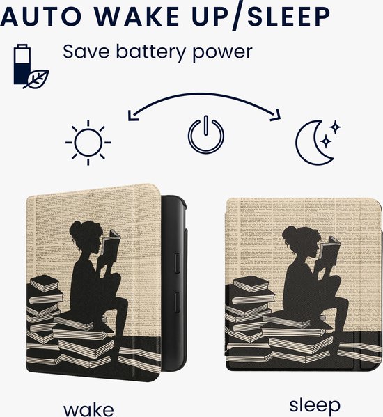 kwmobile e-reader hoesje geschikt voor Kobo Libra Colour hoes - E reader flip case met magnetische sluiting - Ereader cover - Meisje met boeken design in zwart / beige van kwmobile — afbeelding 3