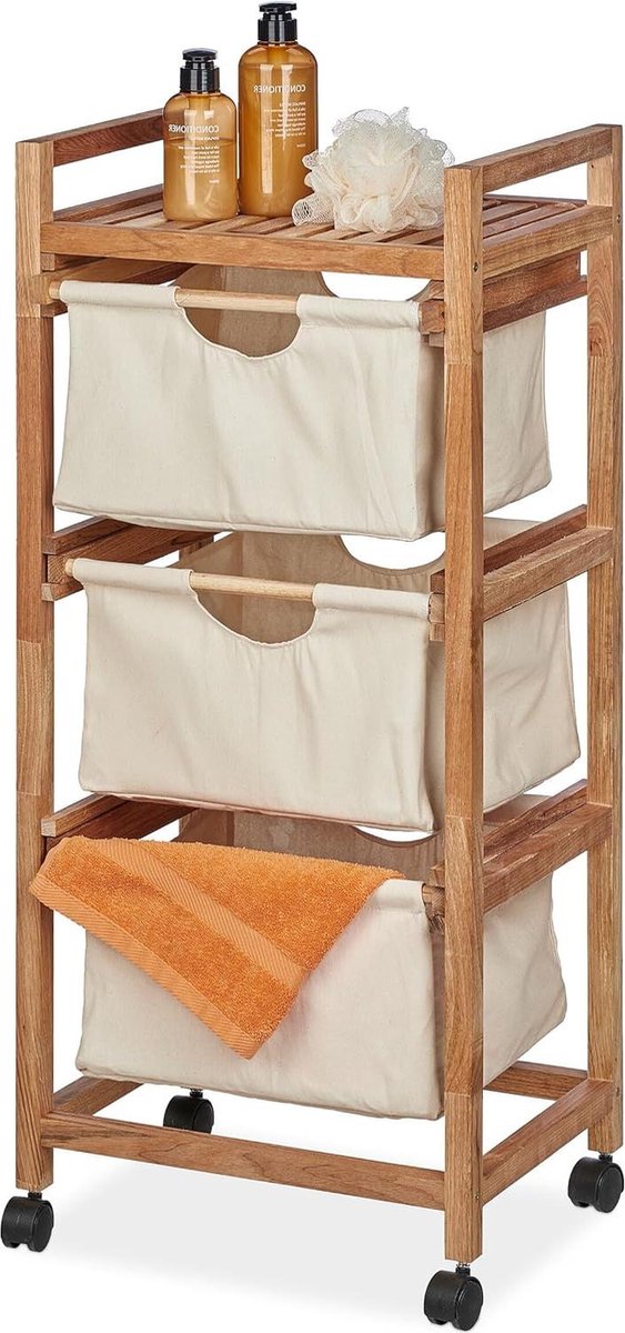 Badkamerrek met wasmand opbergrek 1 plank & 3 stoffen manden Hout Staand Beige 96x435x335 cm