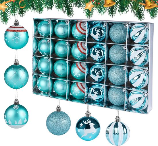 Foto: Kerstballen set van 24 60 mm blauw kunststof festivaldecoratie kerstboomversiering