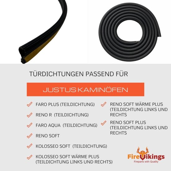 FireVikings Fireparts mit hochwertiger Justus Holzofentürdichtung 3 m 10 x 10 mm Hohlschnurdichtung für Usedom 5 / Usedom 7 / Faro / Island 5 / Island 7 / Texel 7 / Faro Plus