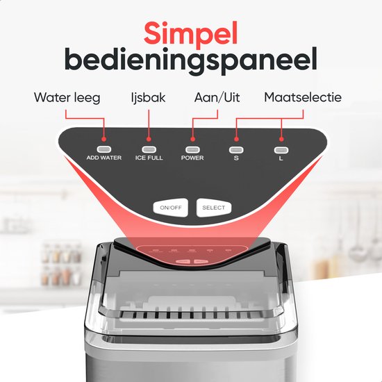 Kitchenwell IJsblokjesmachine - 2L - IJsblokjesmaker met IJsschep - 12kg/24 uur - Zelfreinigingsfunctie - Zilver van Kitchenwell — afbeelding 4