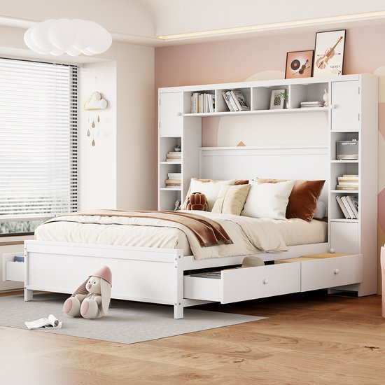 BESILIO Tweepersoonsbed 140x200 Tina – slank slaapkamerbed met lattenbodem en opbergruimte voor beddengoed – fluwelen stof – Beige