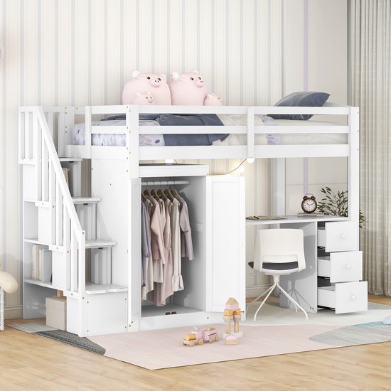 Moimhear 90 x 200 cm, wit, stapelbed met uittrekbaar bureau en