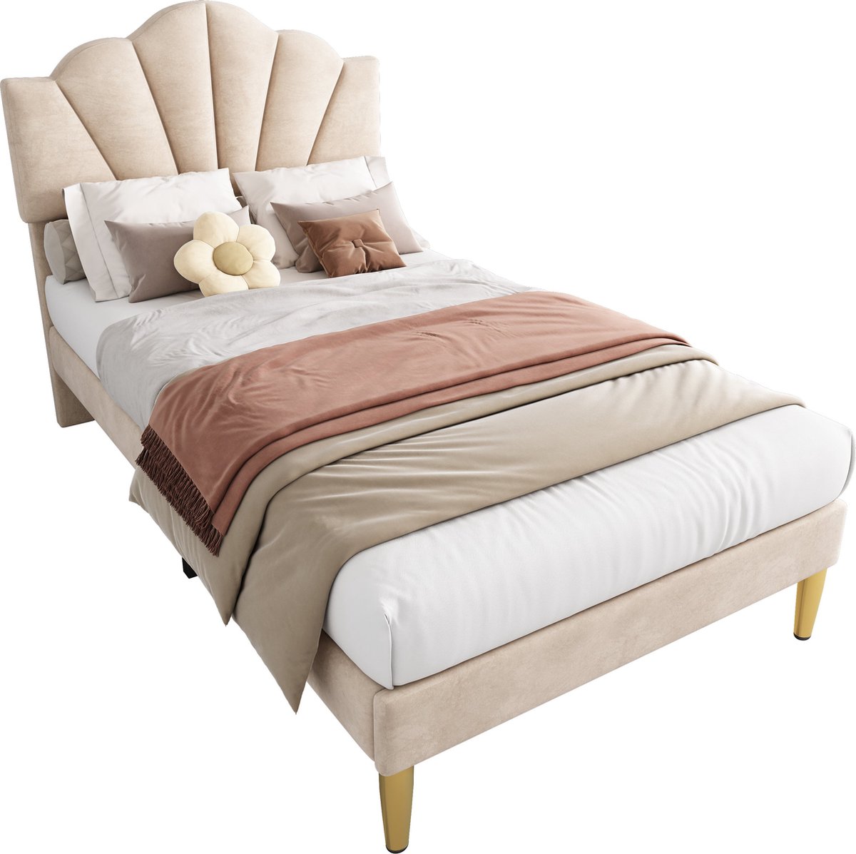 Merax 90x200 cm Gestoffeerd Eenpersoonsbed met Verstelbaar Hoofdbord en Gouden Poten - Beige