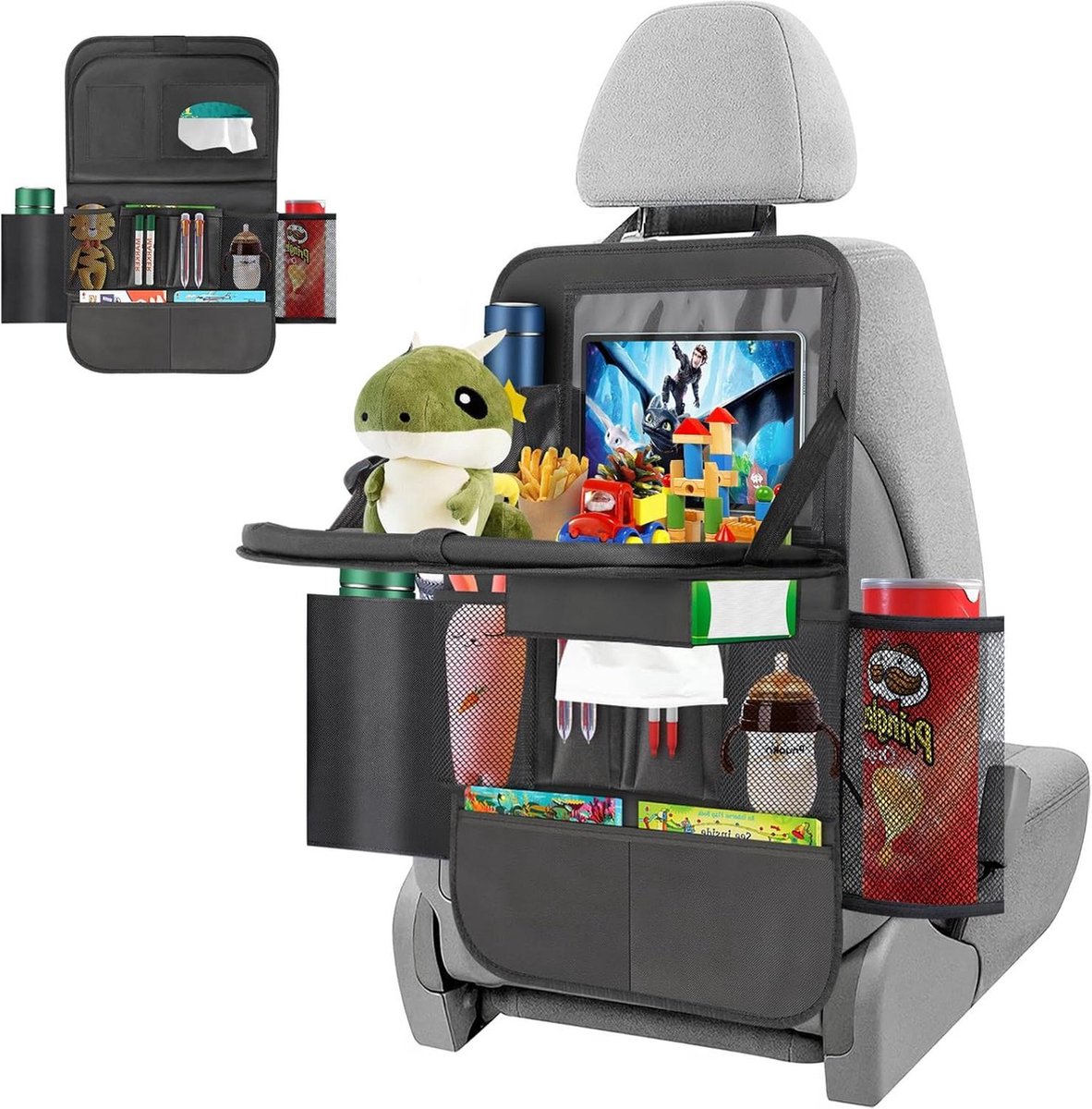 Rugleuningbescherming met opvouwbare tafel - Autoorganizer voor kinderen met 12 inch tablethouder - Waterdichte achterbank-organizer met 13 zakken Auto tafel