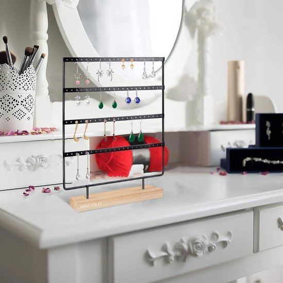 Mocolo Oorbelhouder standaard, oorbel organizer display standaard voor opknoping oorbellen (88 gaten & 4 lagen), metaal Hout