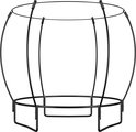 Zwart metalen frame van een trampoline, bestaande uit gebogen staanders en een ronde basis.