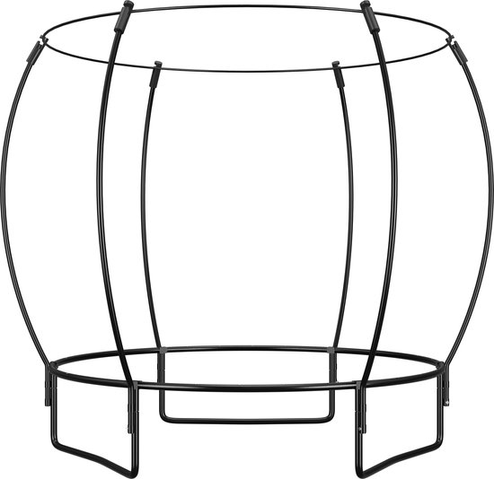 Zwart metalen frame van een trampoline, bestaande uit gebogen staanders en een ronde basis.