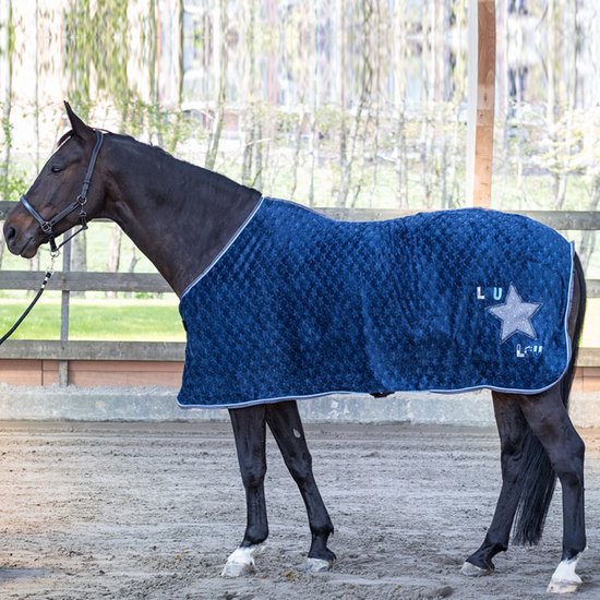 Donkerblauwe fleecedeken met sterrenpatroon, geborduurd met een zilveren ster.