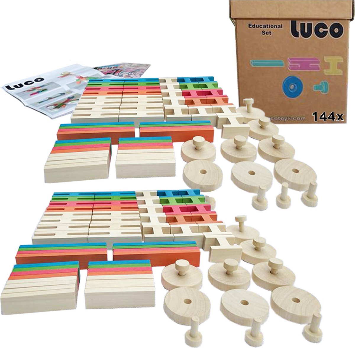 Luco Large ECO Blokken - Houten Bouwblokken en Constructiespeelgoed - 144 Elementen - Houten Speelgoed en Bouwset voor Kinderen - Met Plankjes, Verbindingsstukken en Wielen - Creatief Educatief Speelgoed - Stimuleert Fantasie en Motoriek
