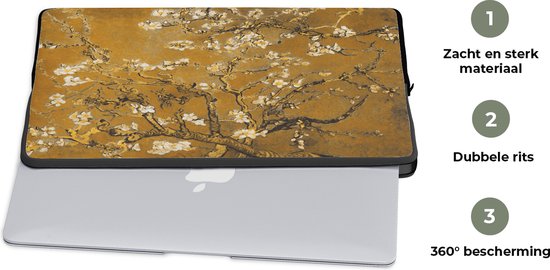 Housse pour ordinateur portable 15,6 pouces - Fleur d'amandier - Art - Van Gogh - Goud - Housse pour ordinateur portable - Dimensions intérieures 39,5 x 29,5 cm - Dos noir - Essentiels de voyage