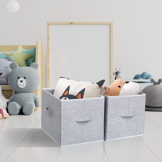 RIWNNI Set of 4 Fabric Storage Boxes, 30 x 30 x 30 cm, Foldable Storage Basket, Storage Cube with Handles, Storage Box for Clothes, Kids, Toys, Books (Grey & Beige