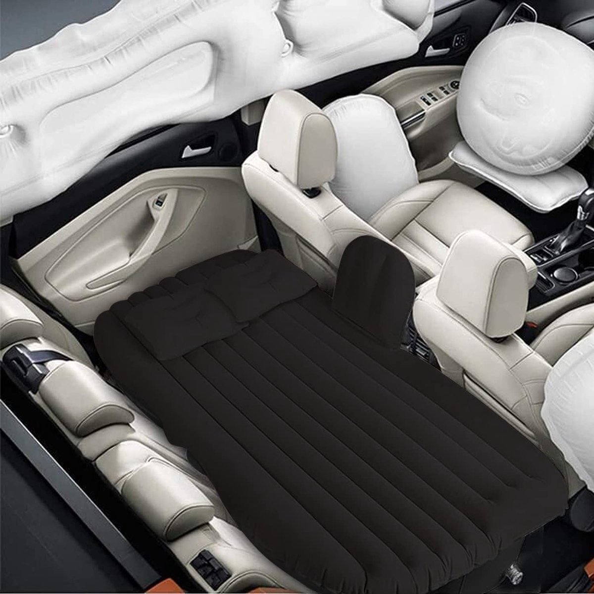 Opblaasbaar automatras enkele luchtmatras voor de achterbank met 12 V elektrische luchtpomp en 3 adapters auto-accessoires (zwart)