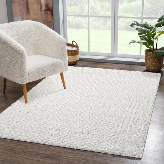 BSGIFT Hoogpolig tapijt, 160 x 230 cm, crème, hoogpolig, pluizig tapijt, woonkamer, modern woonkamertapijt, bedkleed, hoogpolig, antislip, voor slaapkamer en kinderkamer