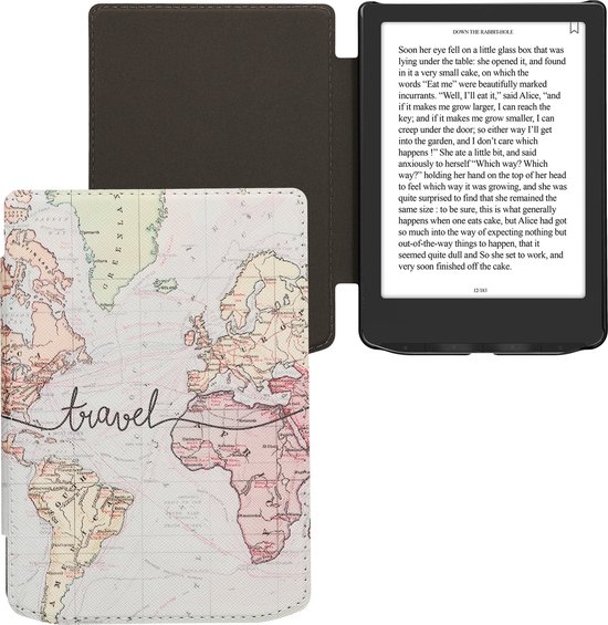 kwmobile e-reader hoesje geschikt voor Pocketbook Verse / Verse Lite / Verse Pro / Color / Vivlio Light/Light HD hoes - E reader flip case met magnetische sluiting - Ereader cover - Travel Wereldkaart design in zwart / meerkleurig van Merkloos — afbeelding 2