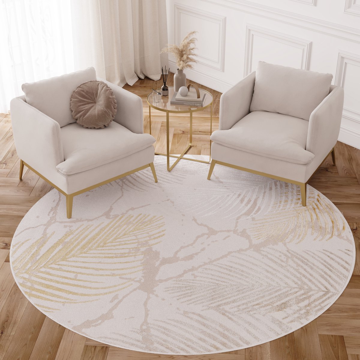 Tapiso Crystal Rond Vloerkleed Beige Laagpolig Woonkamer Tapijt Maat- 200x200