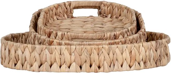 Decorasian Serveerdienblad gevlochten van waterhyacint – decoratief dienblad rechthoekig met handgrepen - natuurlijk houten dienblad als ontbijtdienblad of krukje - 35 x 25 x 10 cm