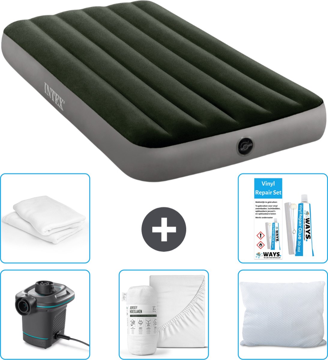 Intex Luchtbedset - 1-Persoons - 99 x 191 x 25 cm - Groen + Intex Elektrische Pomp - 650 Liter/min + Hoeslaken Wit + Kussen + Molton 2 in 1 Kussenslopen + Reparatieset