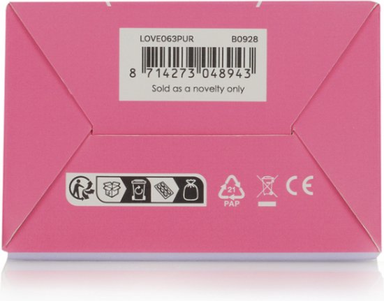 Achterkant van een paarse doos met productcode en recycle-symbolen.