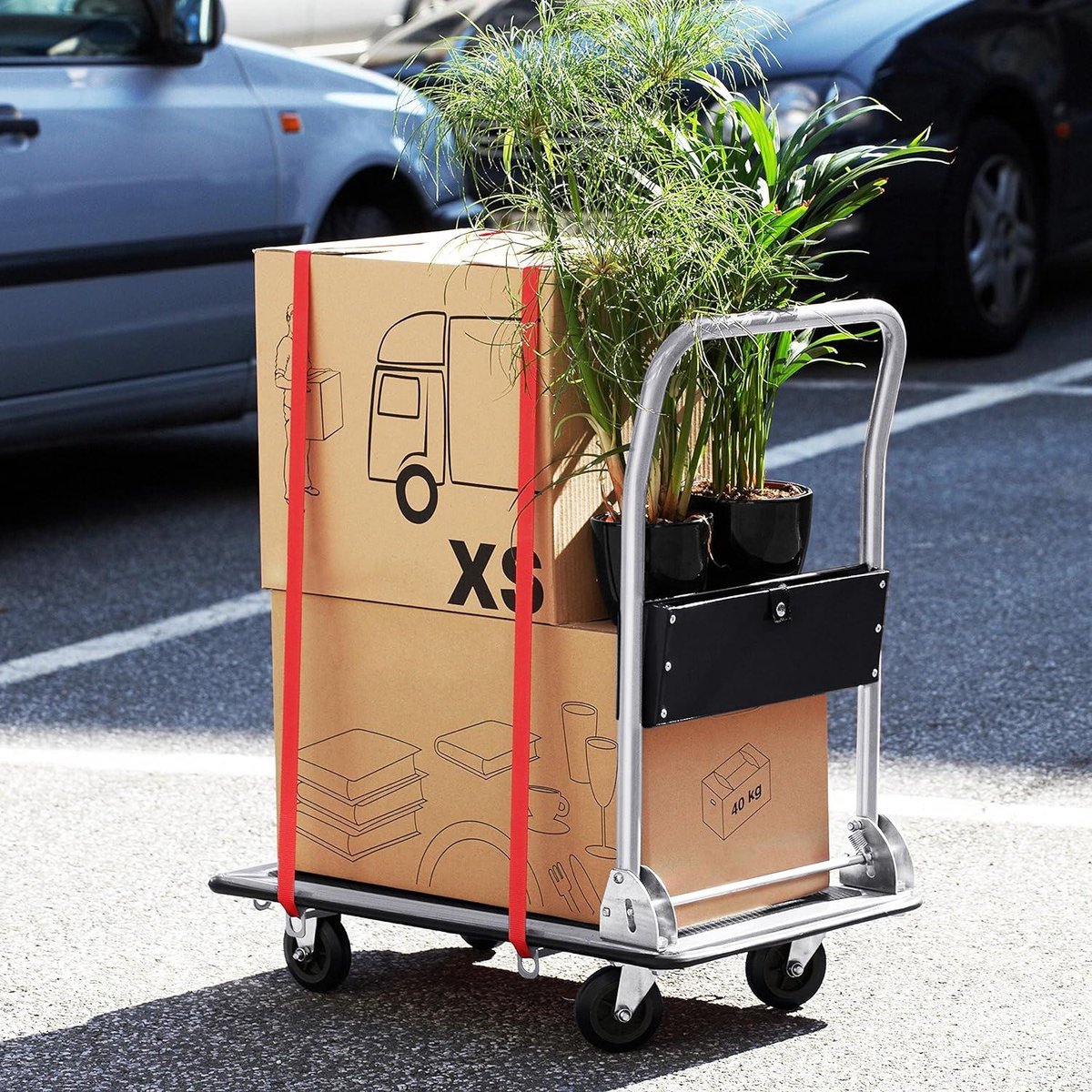 Meister Platform trolley - foldable - up to 150 kg load capacity - parking brake/transport aid with swivel castors/parcel trolley with anti-slip coating/folding trolley made of steel / 8985400