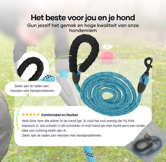Turquoise hondenriem met zwart, gevoerd handvat en reflecterende stiksels. Grote karabijnhaak.