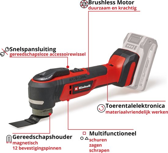 Gedetailleerde weergave van de rode Einhell multitool met labels voor functies.