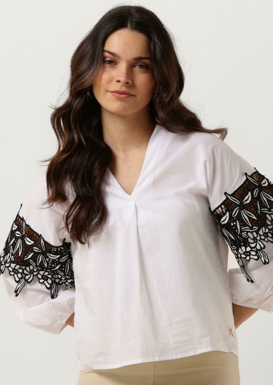 Jansen Amsterdam Cv777 Blouse en voile de Cotton avec détail en dentelle noir/blanc manches 3/4 Femme - Robes - Wit - Taille XL