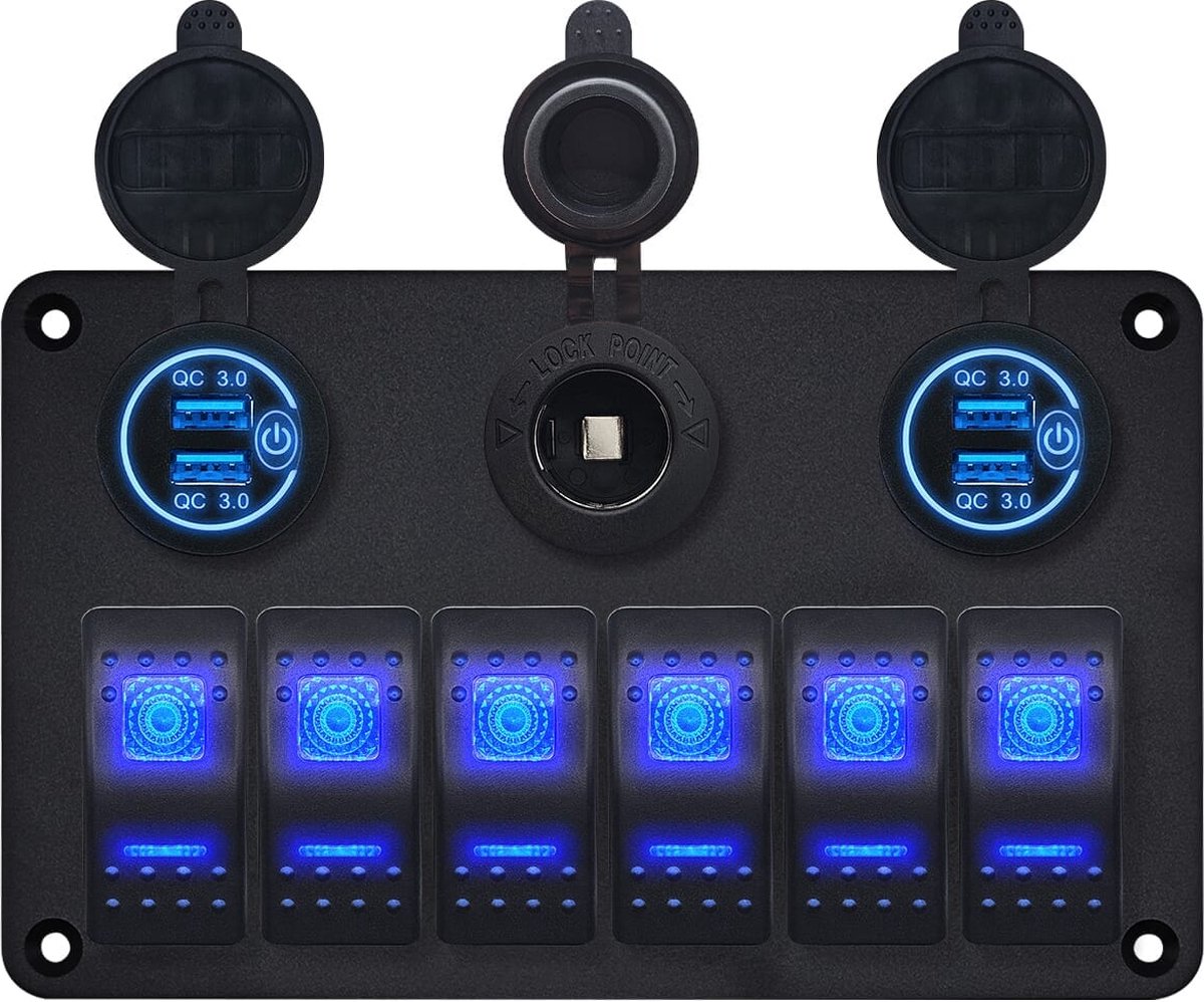 ProRide Schakelpaneel 12V voor Auto/Boot - 4 USB Poorten met Schakelaar - QC3.0 - PUSB1QC-B - 6 schakelaars + 12V/24V stopcontact
