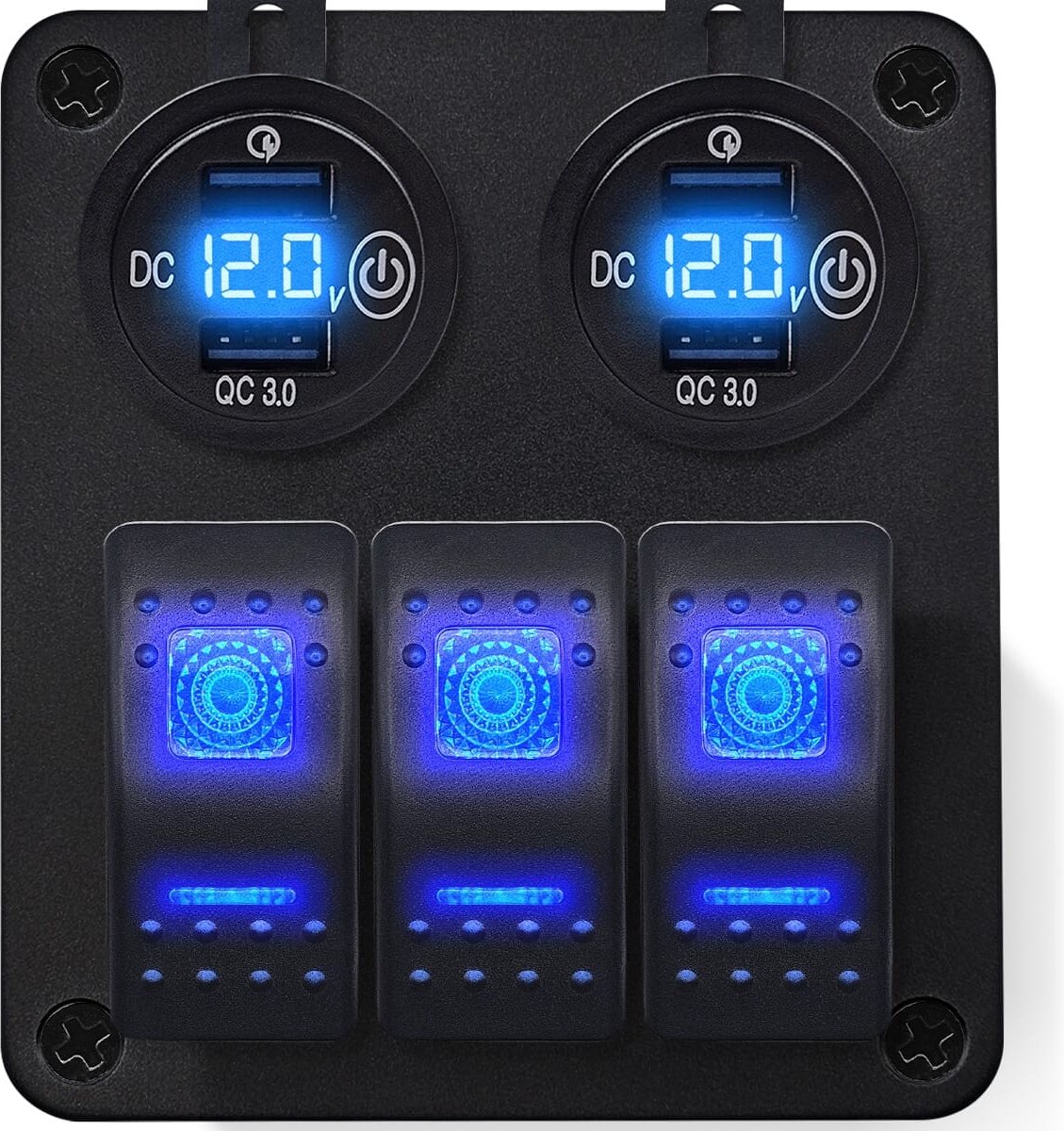 ProRide Schakelpaneel 12V voor Auto/Boot - USB Stopcontact 4 Poorten met Schakelaar en Voltmeter - QC3.0 - 3 schakelaars - Blauw