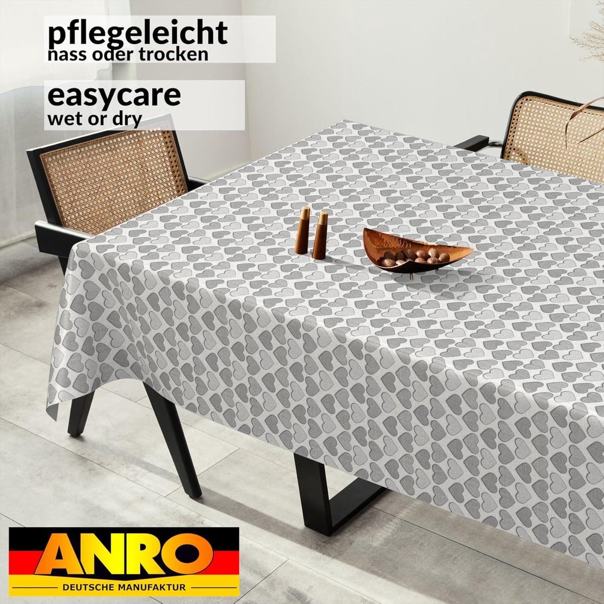 Afwasbaar tuintafelkleed - voor binnen en buiten - 180 x 140 cm - hart grijs met snijrand.